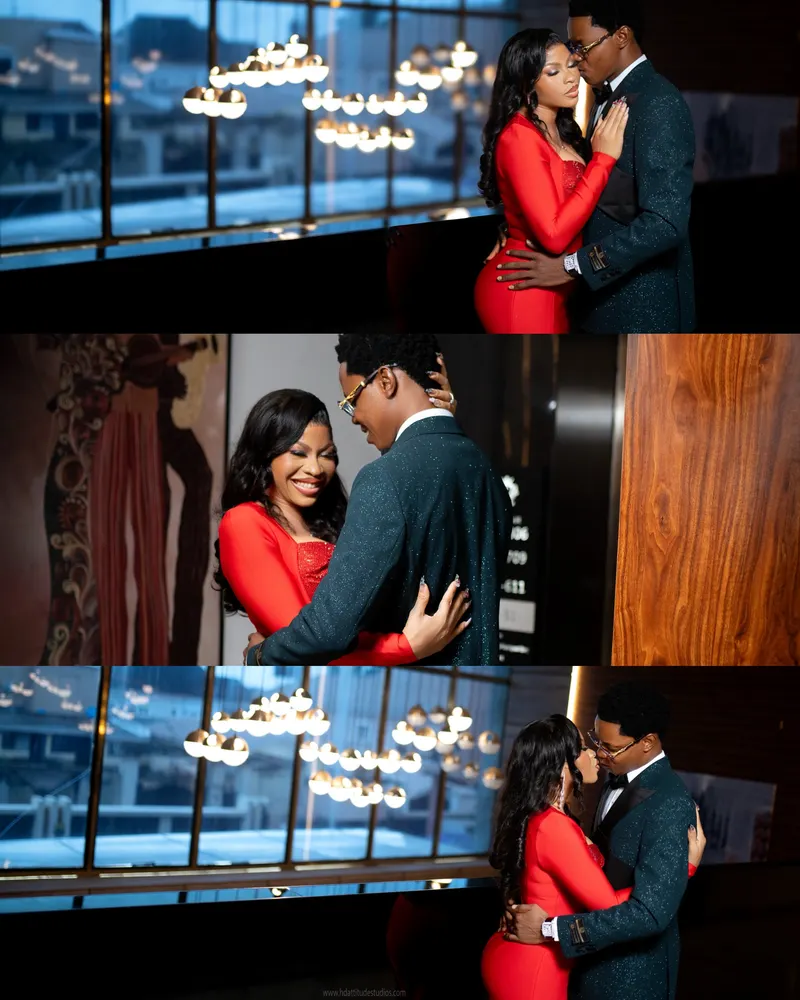 Three-panel collage of couple embracing in red gown and green sparkle tux, city-view window and elevator lobby
